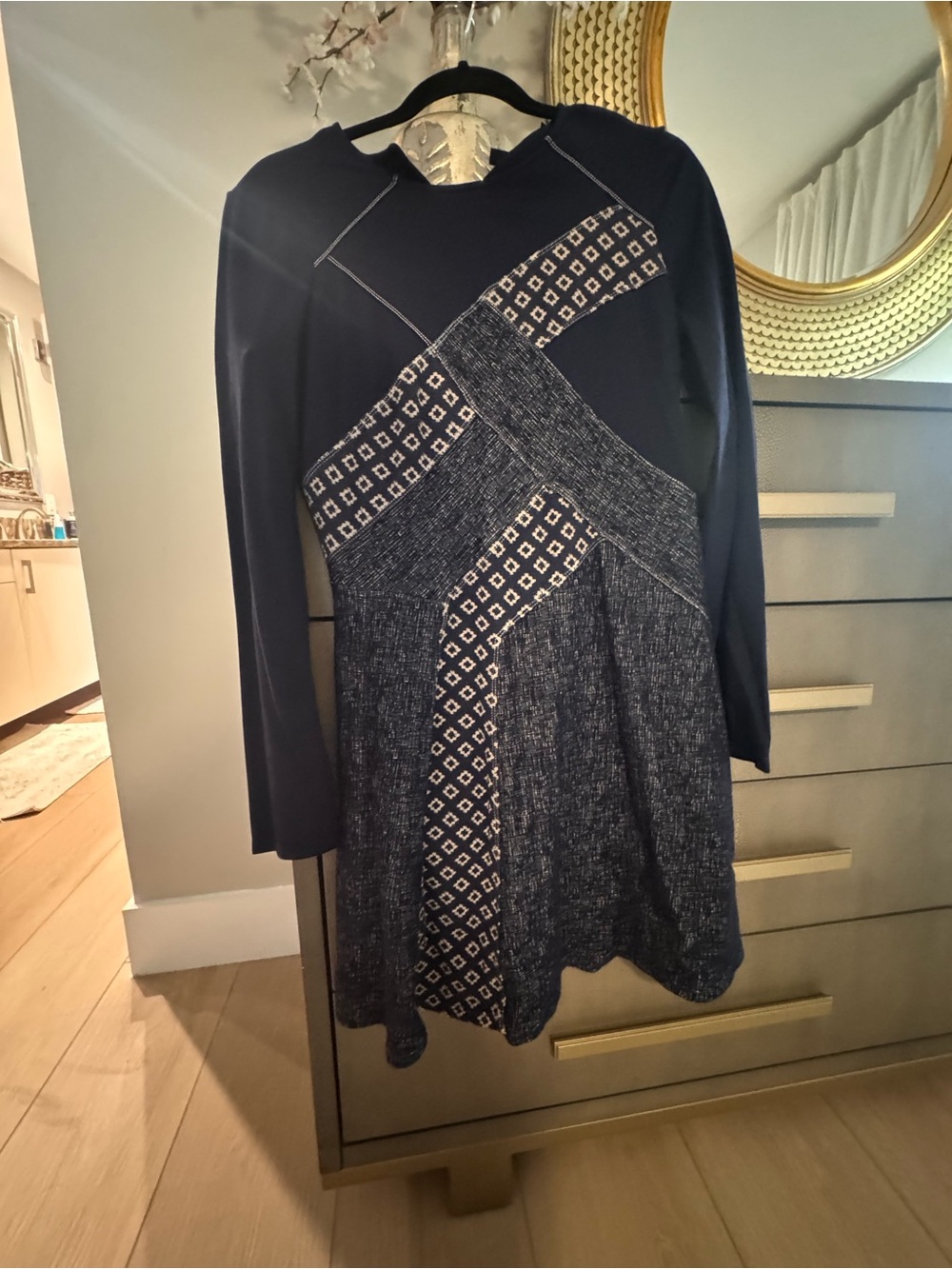 BCBGMaxAzria Navy and White Patterned Long-Sleeve Dress